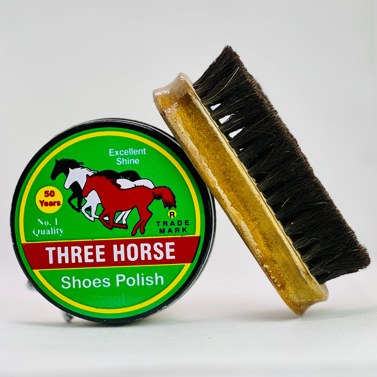 THREE HORSE WAX SHOE POLISH WITH HANDY BRUSH