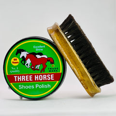 THREE HORSE WAX SHOE POLISH WITH HANDY BRUSH